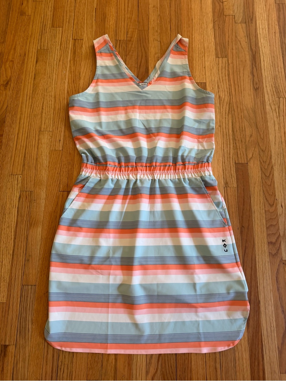 KAVU San Blas Dress Women's Blue Orange Stripe V-Neck Sleeveless Pockets Medium